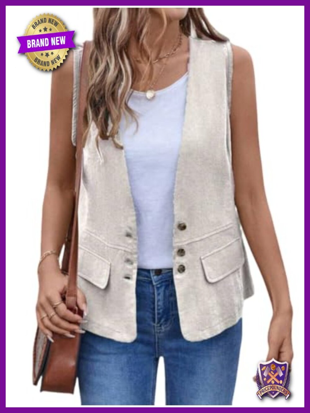 Womens Cotton Linen Vest Lightweight Button Down Sleeveless Jacket